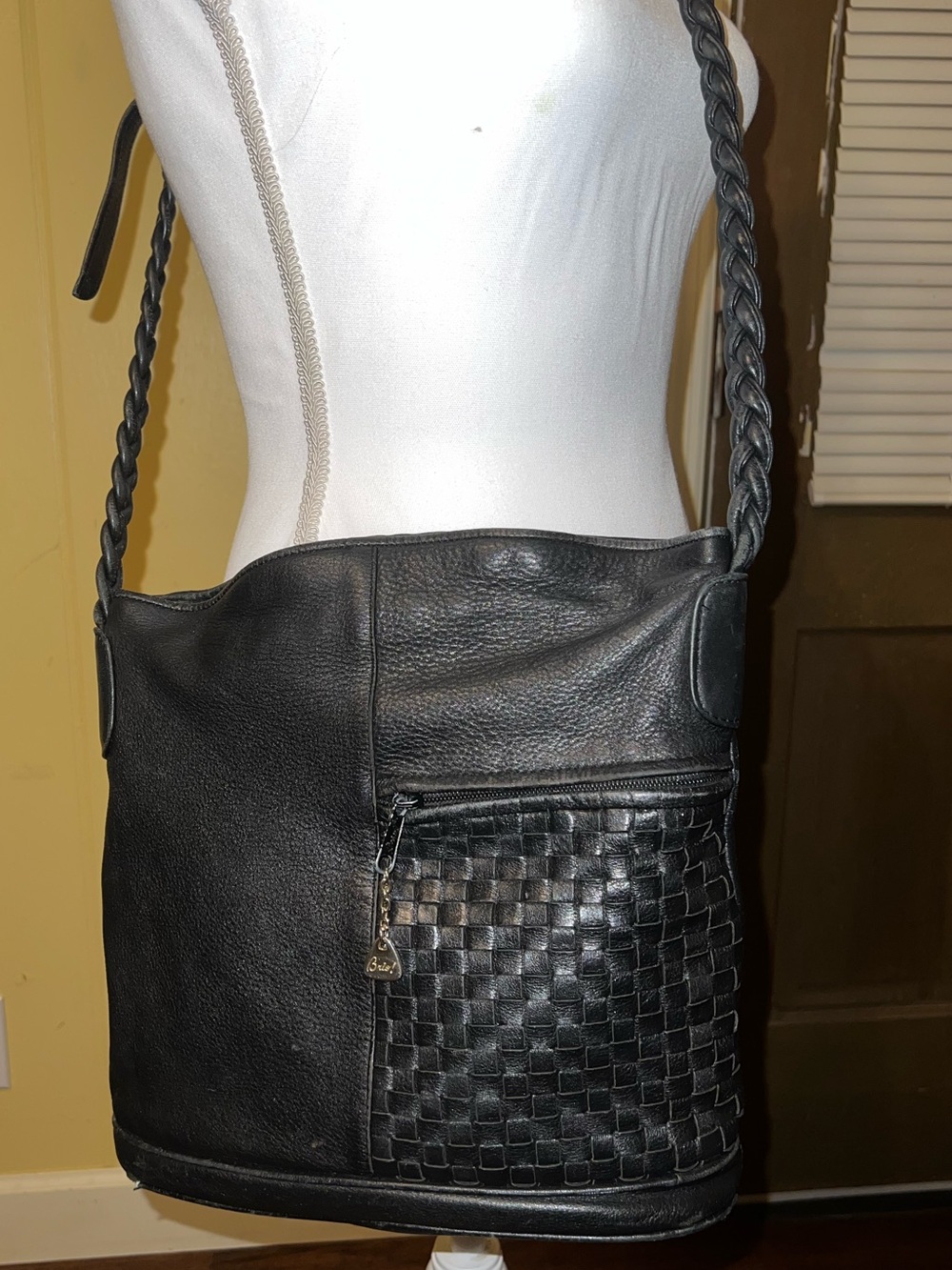 Vintage Brio! Purse Black Leather Braided Strap Crossbody Satchel Bag - Picture 2 of 9